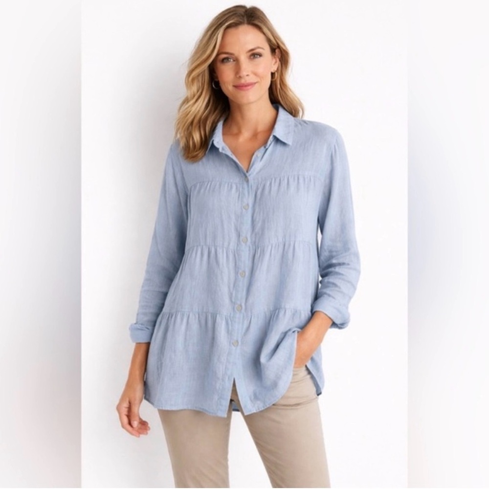 J.Jill 100% Linen Tiered Button Front Top Relaxed Fit Blue Flowy Lagenlook Large